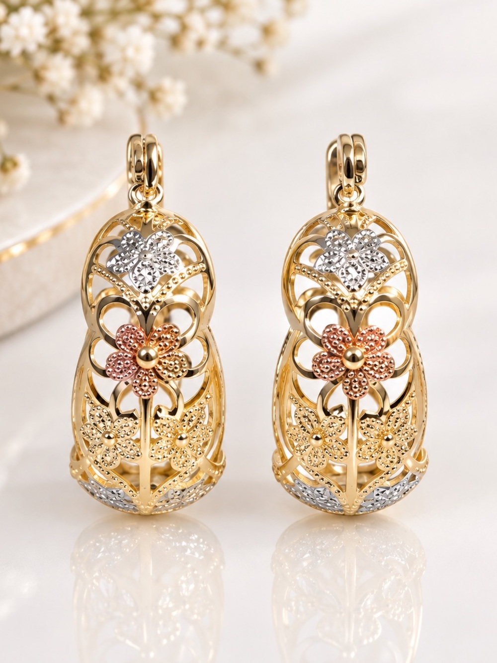 Gold Floral Drop Earrings with Tri-Tone Accents
